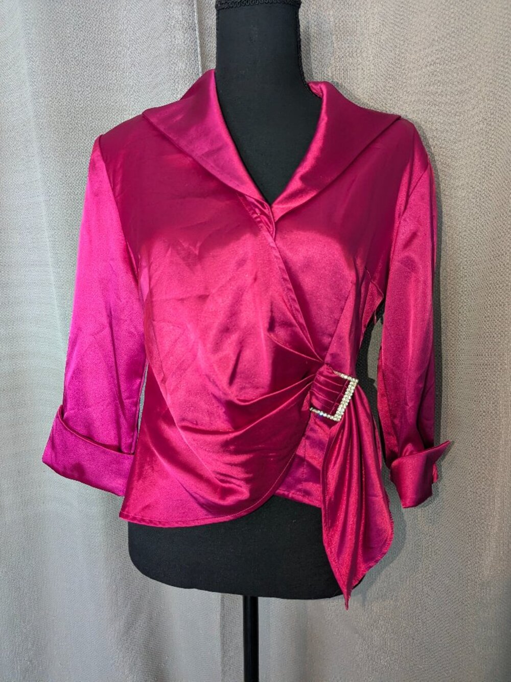 Women’s Fuchsia Satin Wrap Blouse with Decorative Buckle